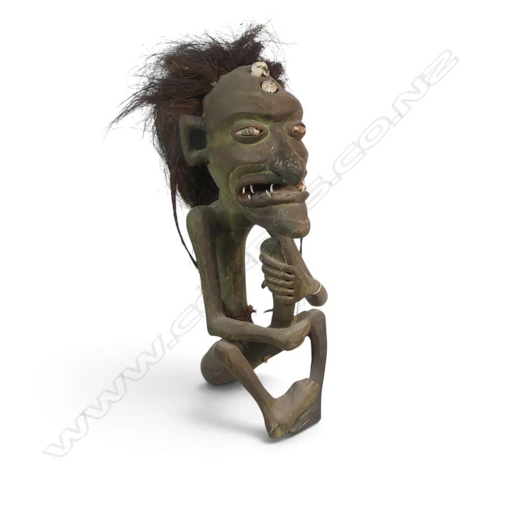 STYLIZED HAND CARVED WOODEN TRIBAL SCULPTURE OF A SEATED ANCESTOR, SHELLS INLAYS AND FIBRES, 600 X 300MM Image 1++