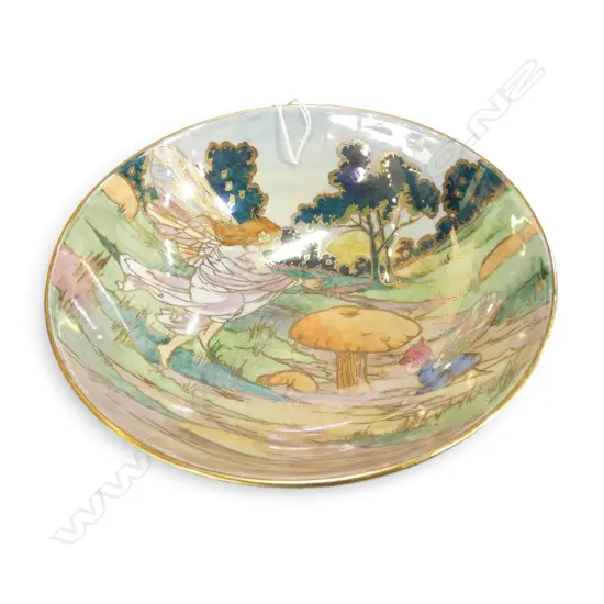 GRIMWADES FAIRY LUSTRE 'BYZANTA WARE' FOOTED BOWL. Fairies & toadstools. Dia.187mm