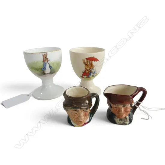 2 VINTAGE BUNNYKIN EGG CUPS, ROYAL DOULTON/GRIMWADES & 2 ROYAL DOULTON TINIES