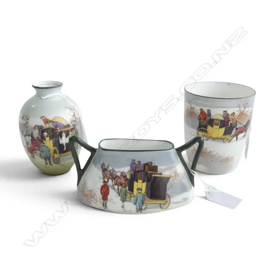 3 ROYAL DOULTON COACHING WARE VASES RARE WINTER COLOURS, H.100/100/80mm