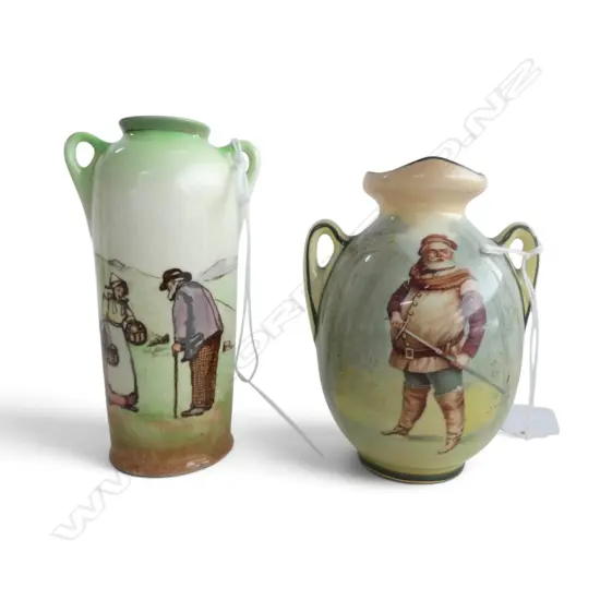 2 ROYAL DOULTON SML VASES, FALSTAF & DUTCH-A-HARLEM PATTERNS, H.95/120mm