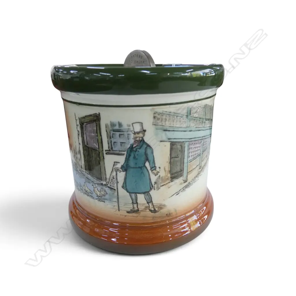 ROYAL DOULTON DICKENS WARE 'MR MICAWBER' TABACCO HUMIDOR H.125mm metal patent arm closing lid Image 1++