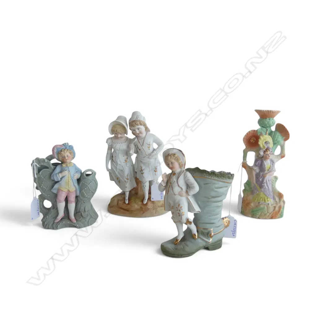 4 VICTORIAN BISCE CHINA FIGURAL ORNAMENTS H200 & 150MM Image 1++