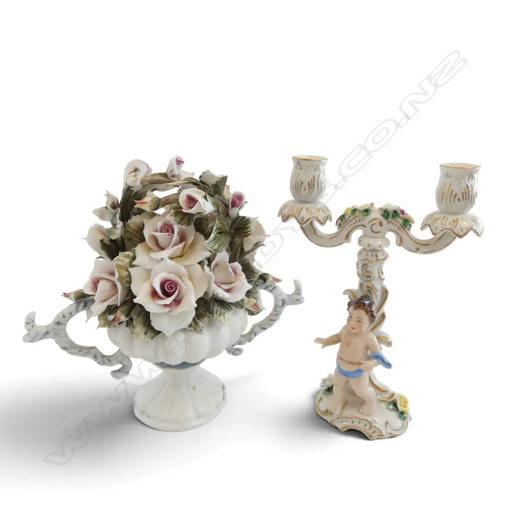 GERMAN PORCLAIN 2 BRANCH CANDLEHOLDER H226MM & FLORAL PORCLAIN ORNAMENT H225MM Image 1++