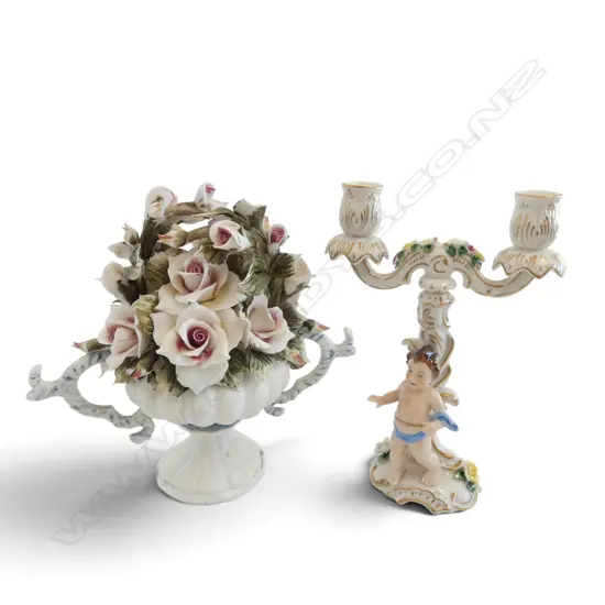 GERMAN PORCLAIN 2 BRANCH CANDLEHOLDER H226MM & FLORAL PORCLAIN ORNAMENT H225MM