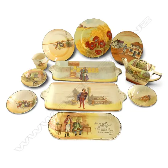 11 PCES ROYAL DOULTON INCL. 2 SANDWICH TRAYS W.460mm AF & BARNABY RUDGE TEAPOT