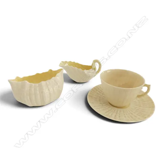 BELLEEK CUP & SAUCER, CREAM & SUGAR SET