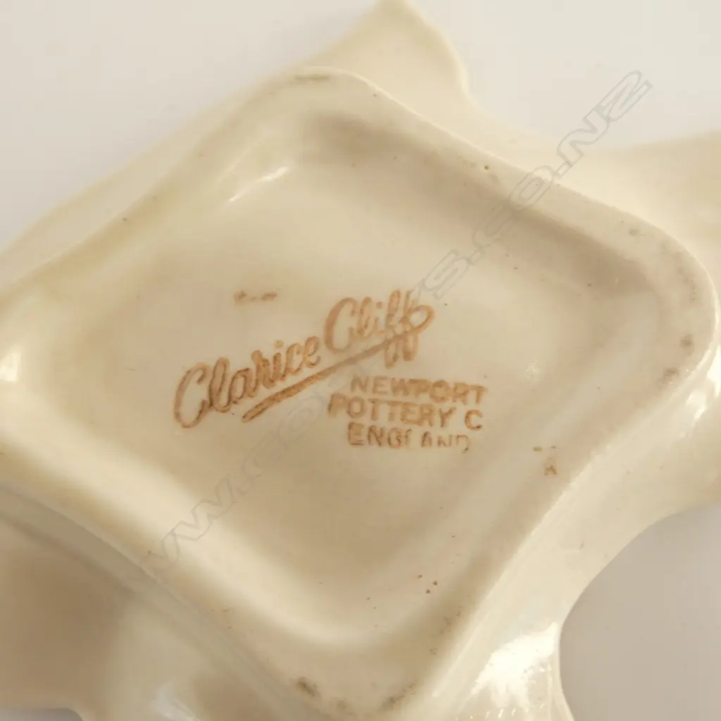 2 PCS CLARICE CLIFF; BIZARRE 'MY GARDEN' VASE marked w orange cross & BIRD ASHTRAY Clarice Cliff stamp to base Image 1++