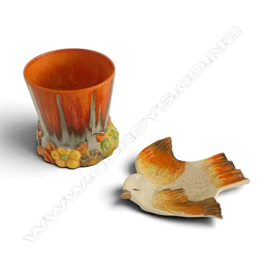 2 PCS CLARICE CLIFF; BIZARRE 'MY GARDEN' VASE marked w orange cross & BIRD ASHTRAY Clarice Cliff stamp to base
