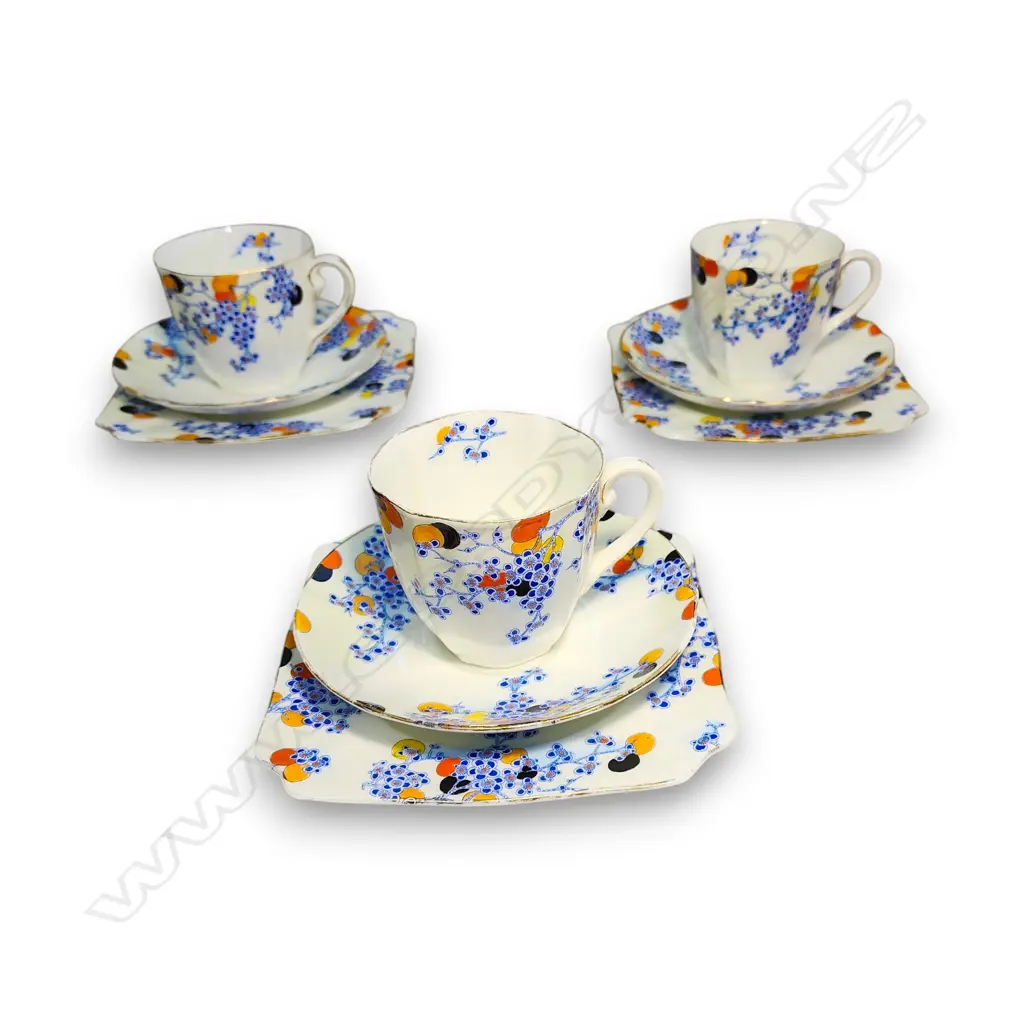 SET 3 ROYAL DOULTON CARNIVAL FINE BONE CHINA, CUP, SAUCER, AND SQUARE SIDE PLATE Image 1++