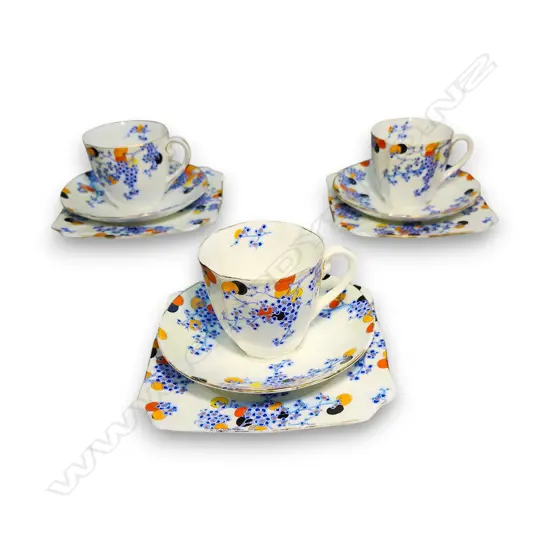 SET 3 ROYAL DOULTON CARNIVAL FINE BONE CHINA, CUP, SAUCER, AND SQUARE SIDE PLATE