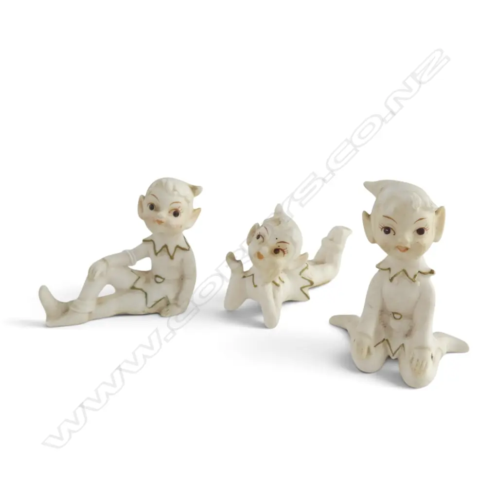 3 VINTAGE BISQUE PIXIE ELF FIGURINES W. LABELS, L.90MM H.80MM Image 1++