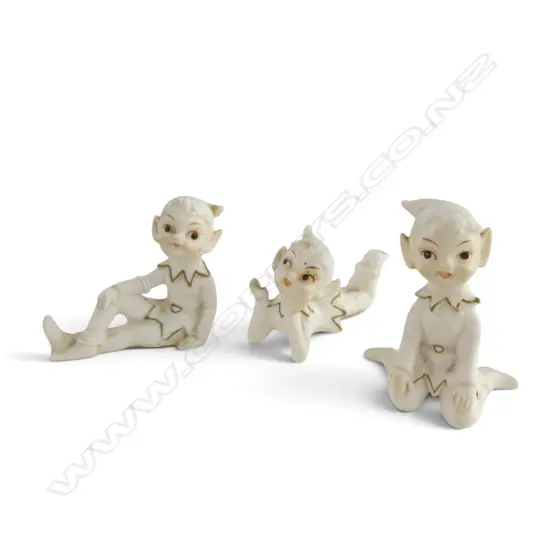 3 VINTAGE BISQUE PIXIE ELF FIGURINES W. LABELS, L.90MM H.80MM