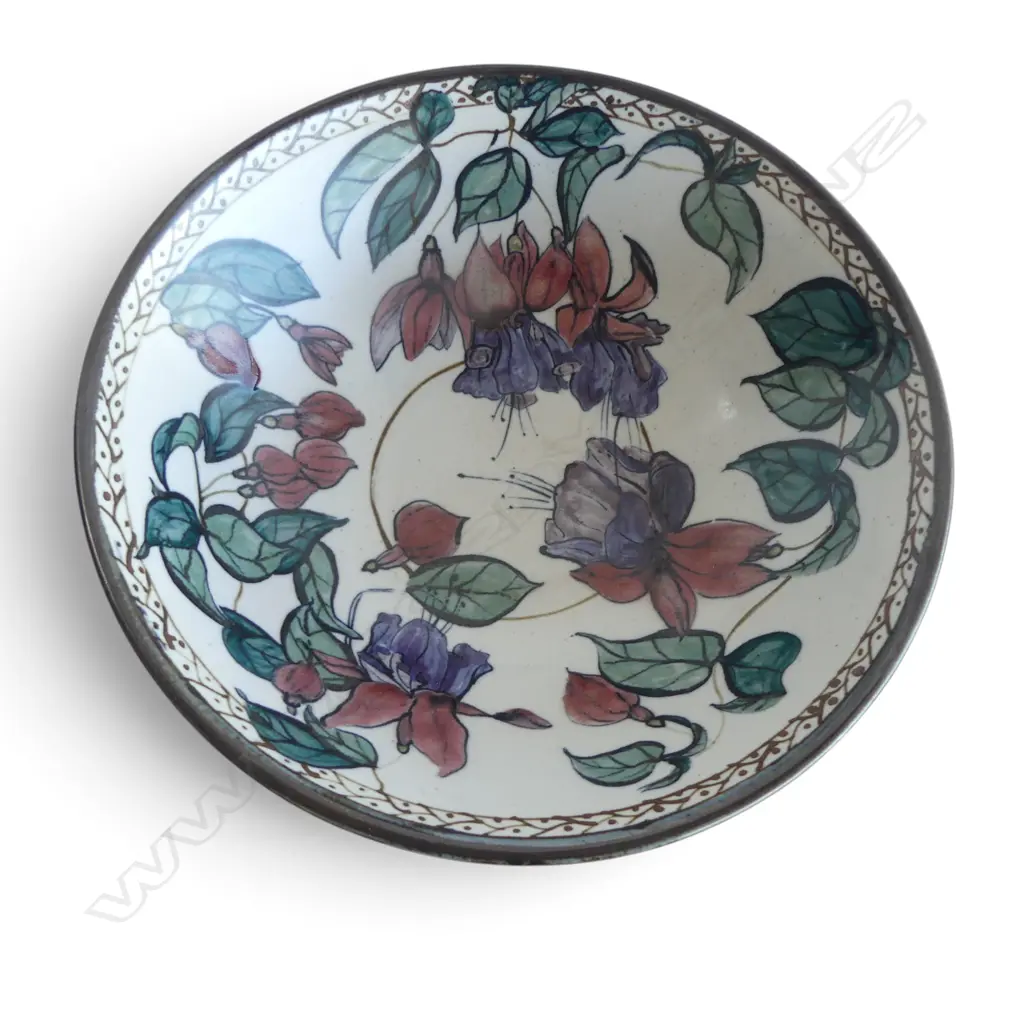STUDIO POTTERY BOWL DECORATED WITH FUSHIAS SIGNED FRAN FLATT DIA340MM Image 1++