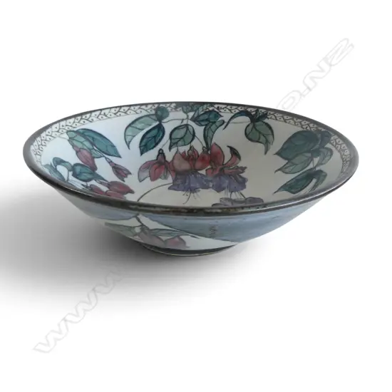 STUDIO POTTERY BOWL DECORATED WITH FUSHIAS SIGNED FRAN FLATT DIA340MM