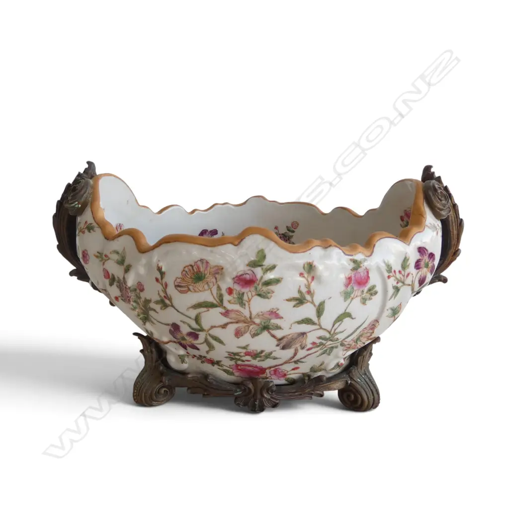 CHINESE CRACKLE GLAZE FLORAL PAINTED BRONZE MOUNTED BOWL H165MM L300MM Image 1++