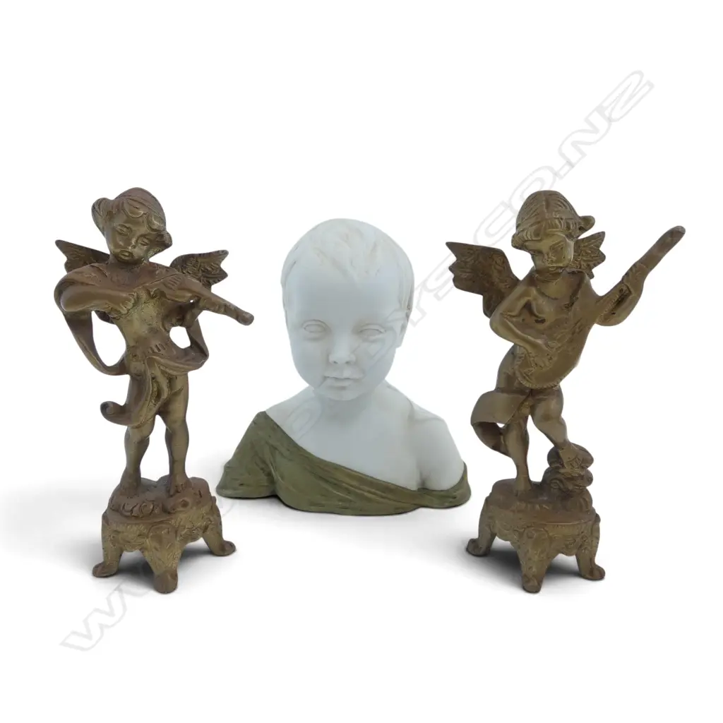 VICTORIAN PARIAN CHINA CHILDS BUST H140MM & PR OF CAST BRASS ANGEL FIGURES H150MM Image 1++