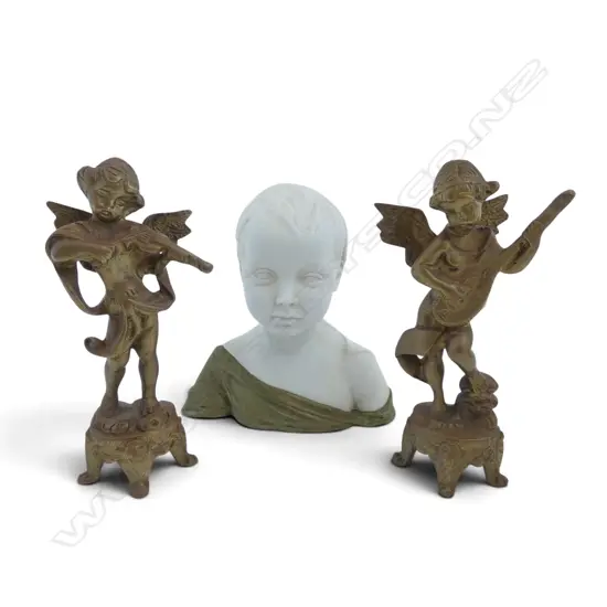 VICTORIAN PARIAN CHINA CHILDS BUST H140MM & PR OF CAST BRASS ANGEL FIGURES H150MM
