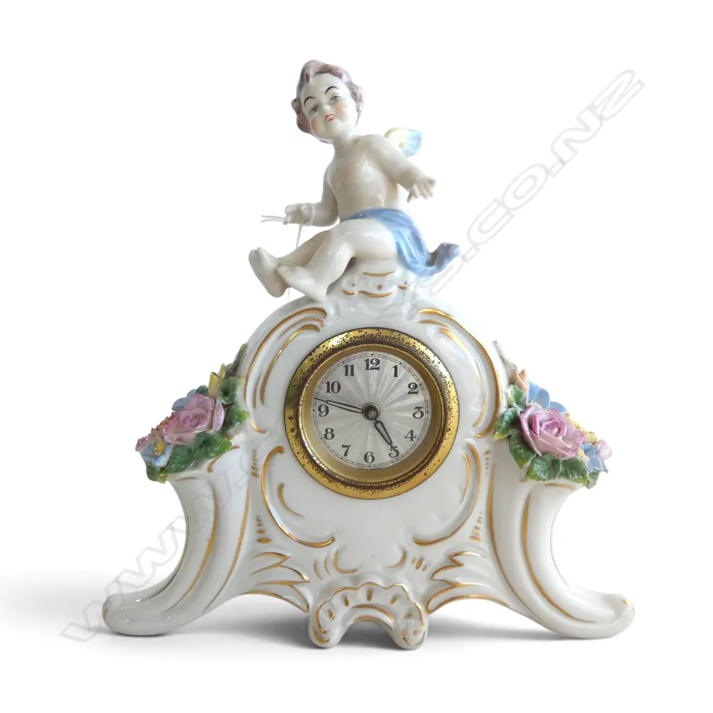 GERMAN PORCLAIN CHILD ANGEL MANTLE CLOCK H220 L210MM Image 1++