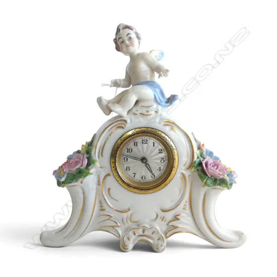 GERMAN PORCLAIN CHILD ANGEL MANTLE CLOCK H220 L210MM