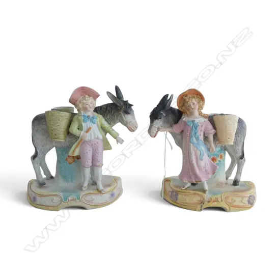 PR ANTIQUE BISQUE CHINA FIGURES CHILDREN WITH DONKEYS H170MM