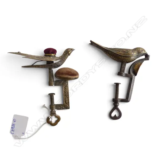 2 ANTIQUE BIRD MOUNDED SEWING CLAMPS w. PIN CUSHIONS H.120mm