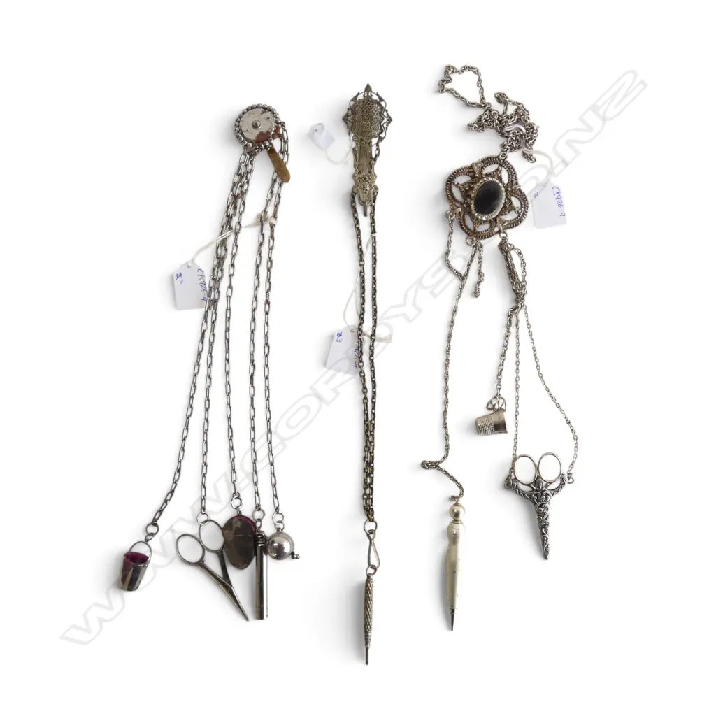 3 CHATELAINES rhinestone & silver tone w. ASST. ATTACHMENTS L.400mm Image 1++