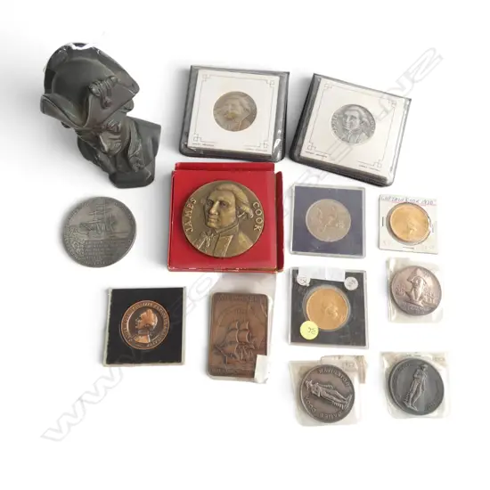 12 ASST. CAPTAIN COOK COMMEMORATIVE MEDALS (INCL. 2 STG SILVER 74gms) + METAL BUST H.130mm