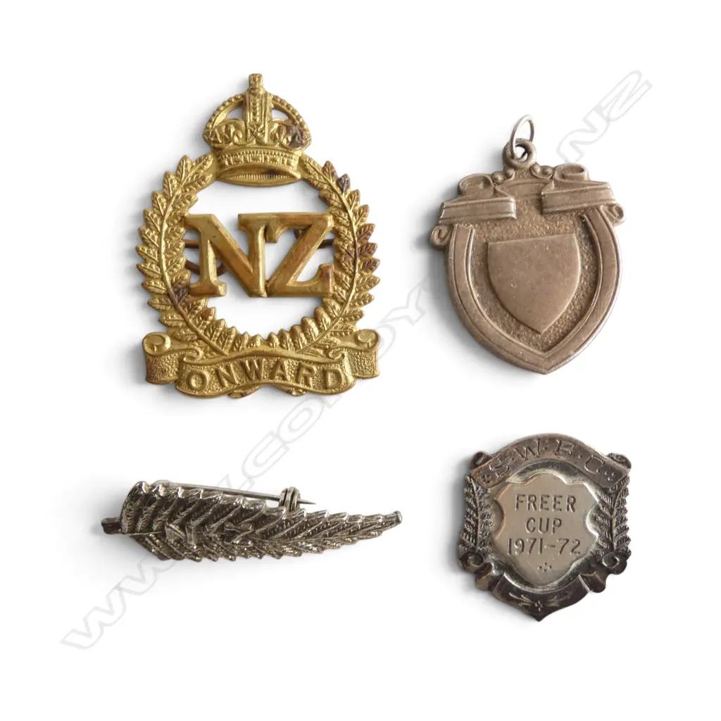 N.Z. SILVER FERN BROOCH, N.Z. MILITARY CAP BADGE, STG SILVER FREER CUP FOB MEDALLION & OTHER FOB MEDALLION Image 1++