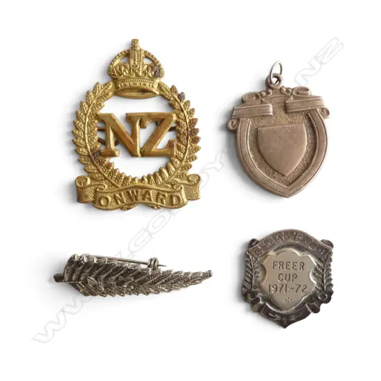 N.Z. SILVER FERN BROOCH, N.Z. MILITARY CAP BADGE, STG SILVER FREER CUP FOB MEDALLION & OTHER FOB MEDALLION