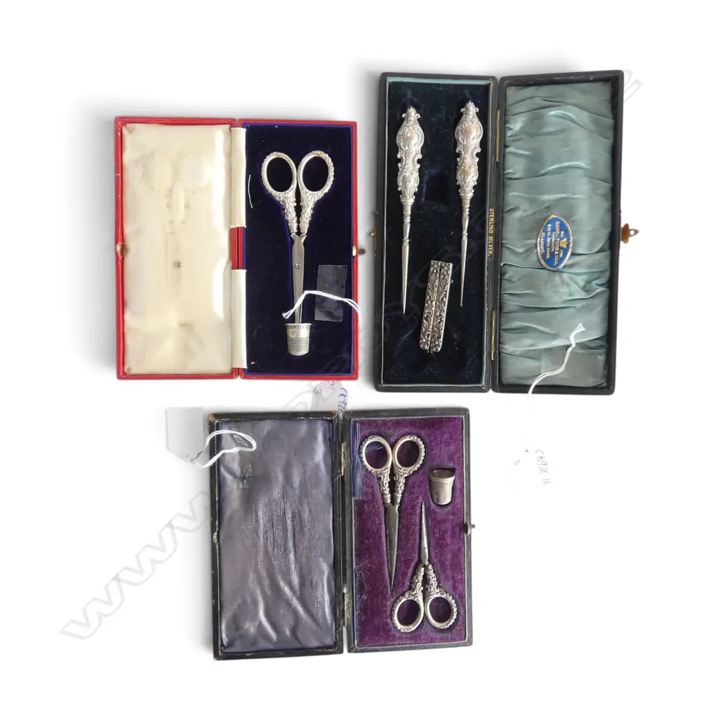 3 CASED SEWING SETS w. stg silver handles & thimbles + PR SILVER HANDLED SCISSORS  Image 1++