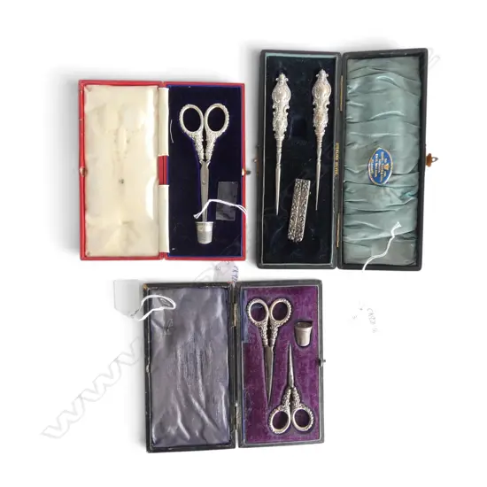 3 CASED SEWING SETS w. stg silver handles & thimbles + PR SILVER HANDLED SCISSORS 