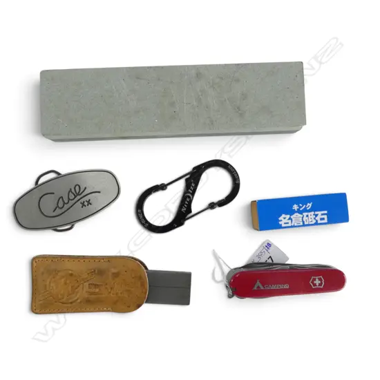 6 KNIFE / CAMPING ITEMS; 3 SHARPENING STONES, VICTORINOX ETC