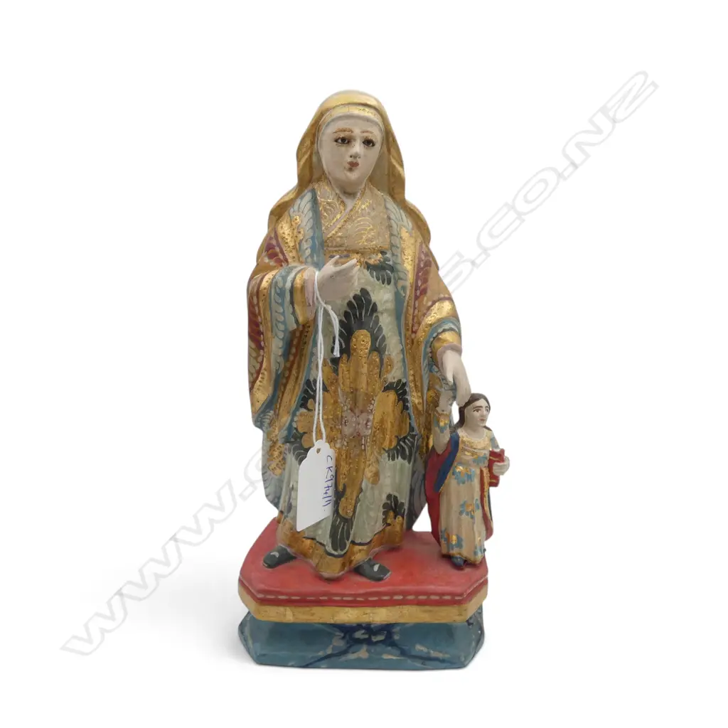 BRAZILIAN WOODEN SANTO C.1900 ST ANNE & YOUNG VIRGIN MARY H.250mm Image 1++