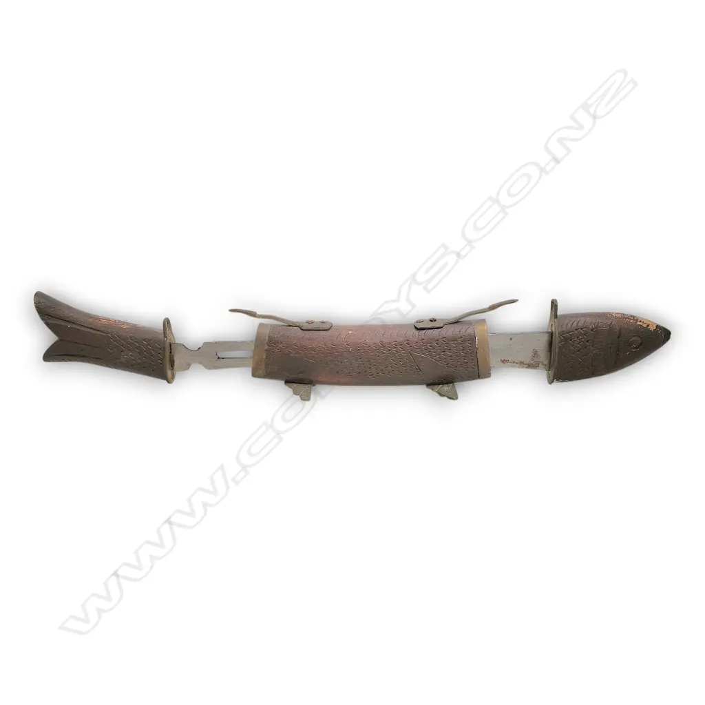 INDIA BRASS & HAND CARVED FISH CARVING SET 330mm L Image 1++