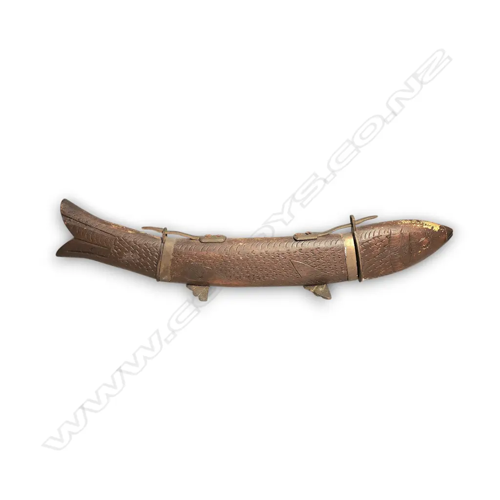 INDIA BRASS & HAND CARVED FISH CARVING SET 330mm L Image 1++