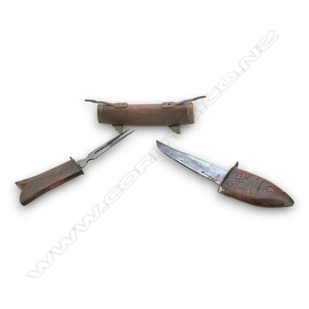 INDIA BRASS & HAND CARVED FISH CARVING SET 330mm L Image 1++