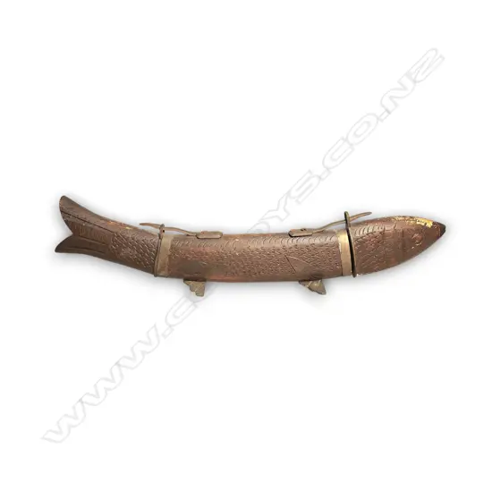 INDIA BRASS & HAND CARVED FISH CARVING SET 330mm L