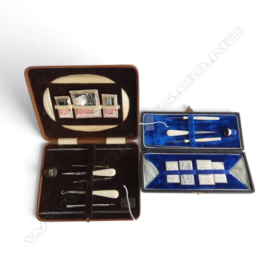 2 CASED SEWING SETS bone handles