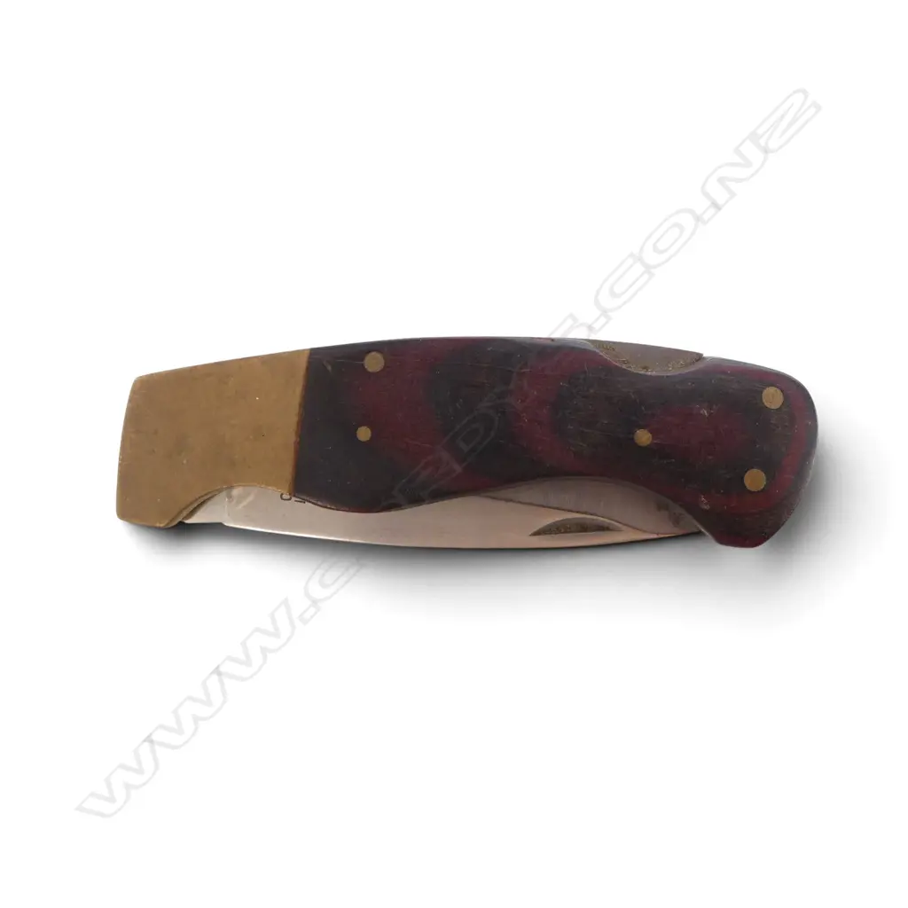 FOLDING KNIFE brass & wood handle w. stainless steel blade L.175mm Image 1++