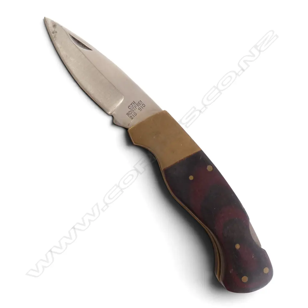 FOLDING KNIFE brass & wood handle w. stainless steel blade L.175mm Image 1++