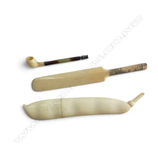 3 PCS ANTIQUE IVORY; PEA POD NEEDLE CASE, MORDAN & CO MINI PIPE TOOTHPICK & MINI CRICKET BAT