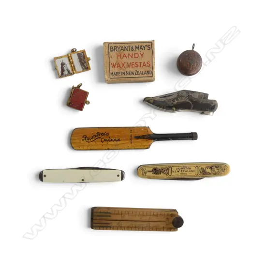 9 SML VINTAGE PCS; 3 POCKET KNIVES, 12" RULE, 1920s TIN CRICKET BAT, MINI MAORILAND BOOKS, 1/2 PENNY PENDANT, WAX VESTAS