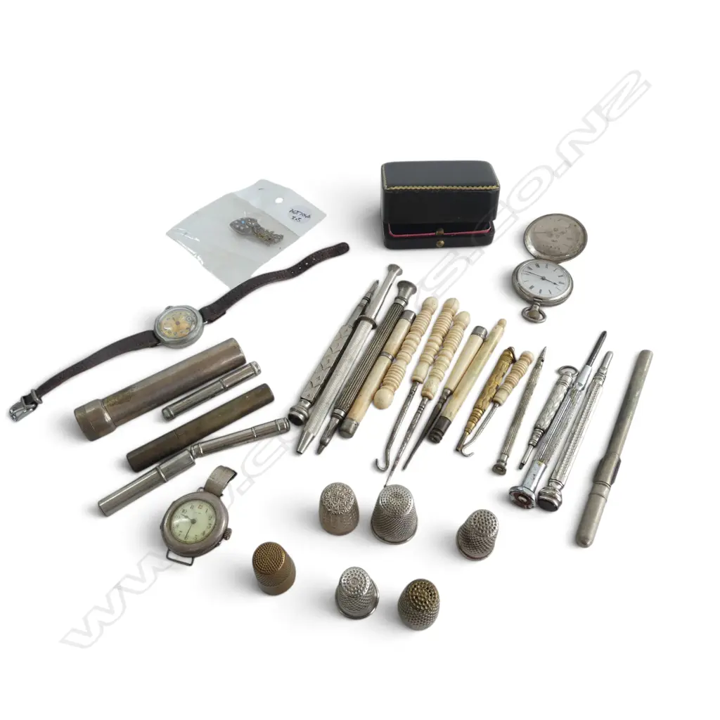 BAG ASSTD BONE/SILVER/NICKEL PENS/NEEDLECASES/WATCHES/THIMBLES ETC Image 1++