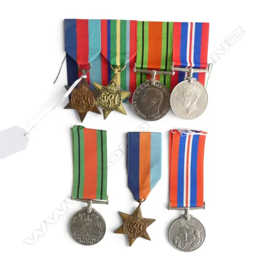7 WAR MEDALS; PACIFIC STAR (COPY?), 2 1939-1945 STARS, 2 DEFENSE MEDALS, 2 1939-1945 MEDALS