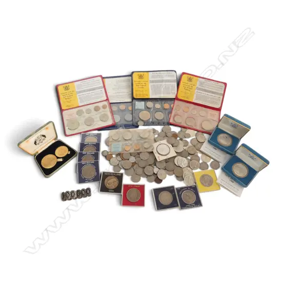 ASST. COINS, 2 NZ 1988 STG SILVER PROOF DOLLARS, THAI SILVER BRACELET