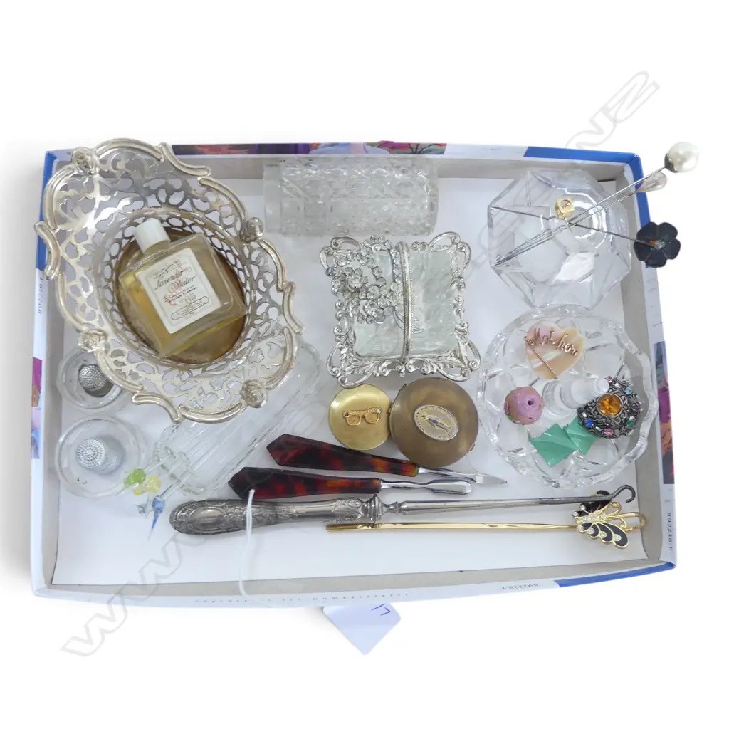 DRESSING TABLE ITEMS PILL BOXES, MANICURE, BROOCHES, HAT PINS ETC  Image 1++