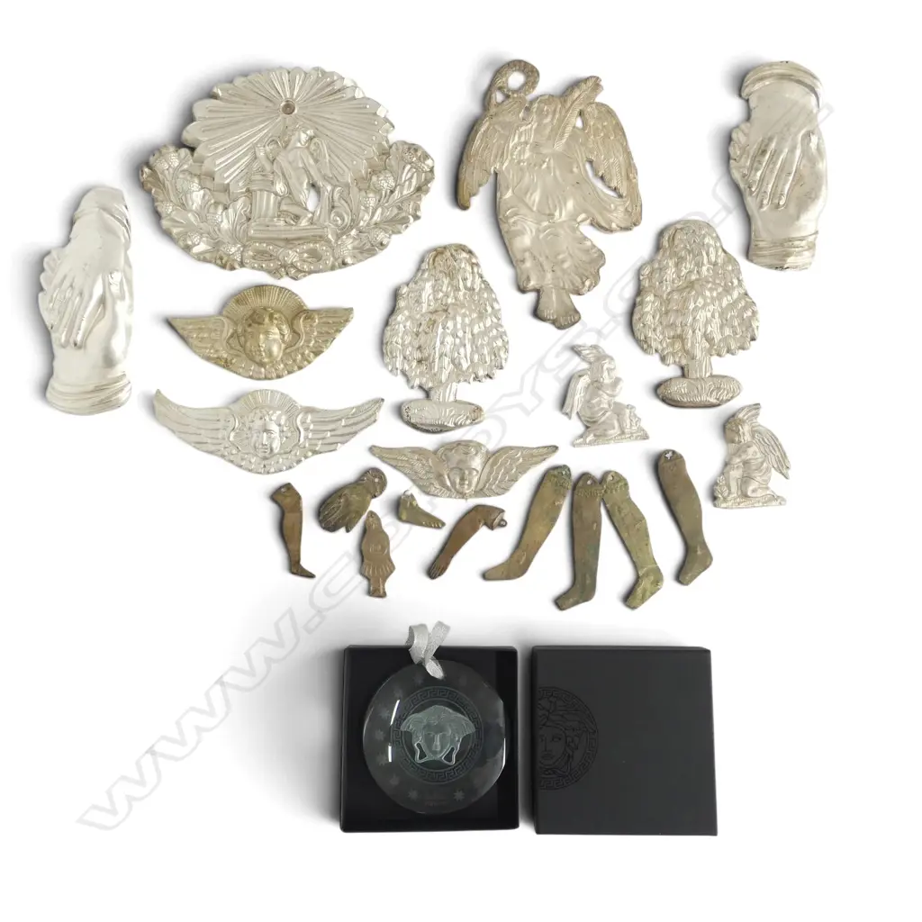 COLLECTION OF PRESSED ALUMINIUM DECORATIONS LARGEST 150x200mm + ROSENTHAL VERSACE XMAS TREE ORNAMENT 90mm dia Image 1++