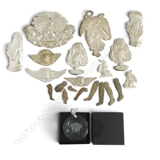 COLLECTION OF PRESSED ALUMINIUM DECORATIONS LARGEST 150x200mm + ROSENTHAL VERSACE XMAS TREE ORNAMENT 90mm dia