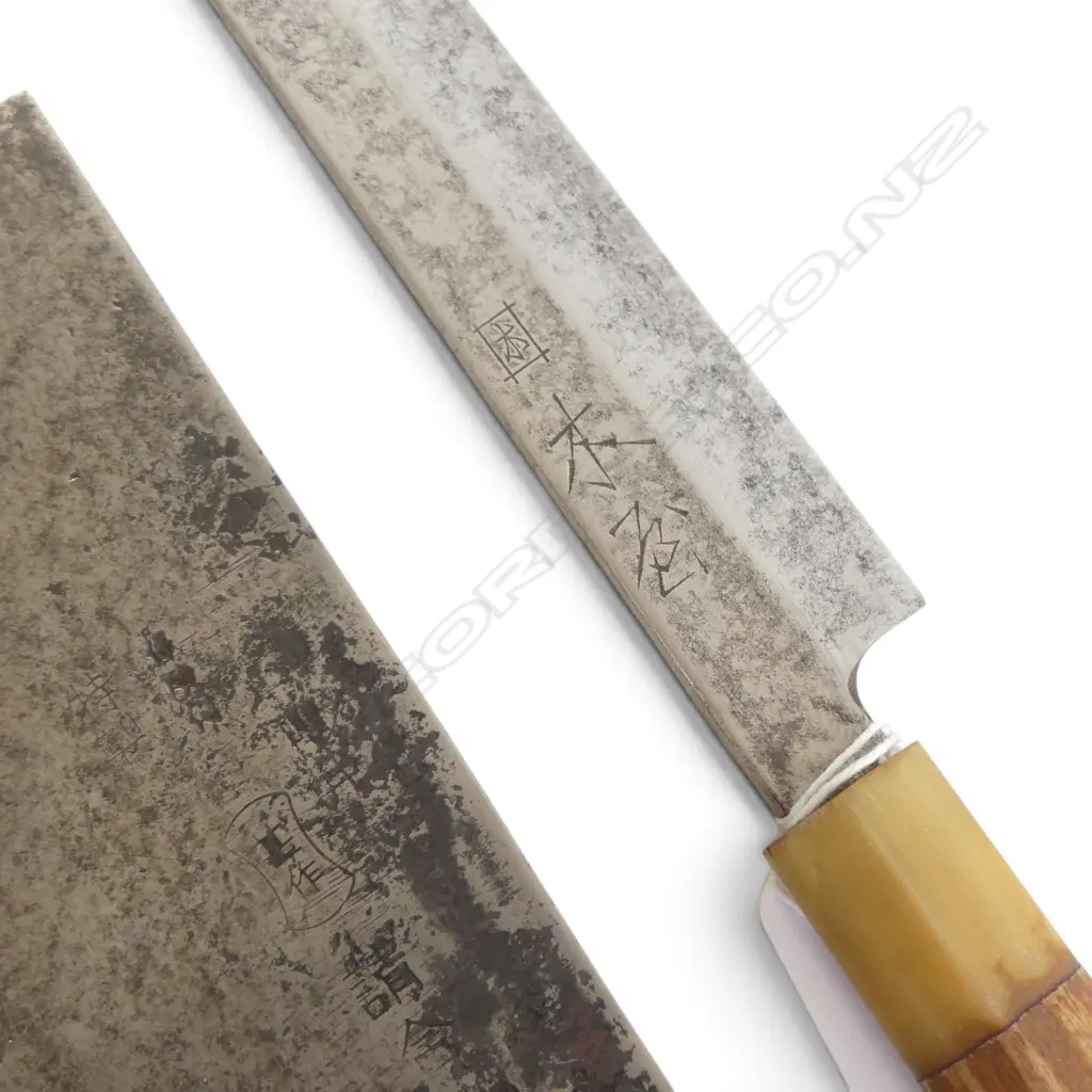 VINTAGE JAPANESE CARBON STEEL CHEF'S KNIFE & CLEAVER both signed along blade Image 1++